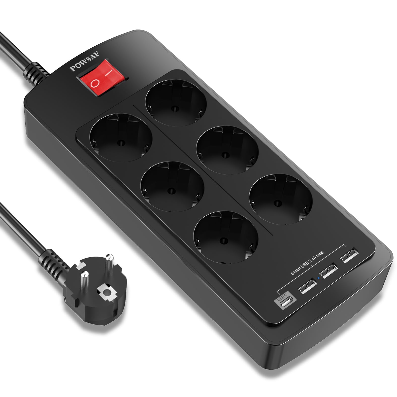 POWSAF Regleta USB-C para Trabajo Desde Casa, 6 Puertos de Corriente + 3 USB-A + 1 USB-C, Interruptor On/Off, Negro