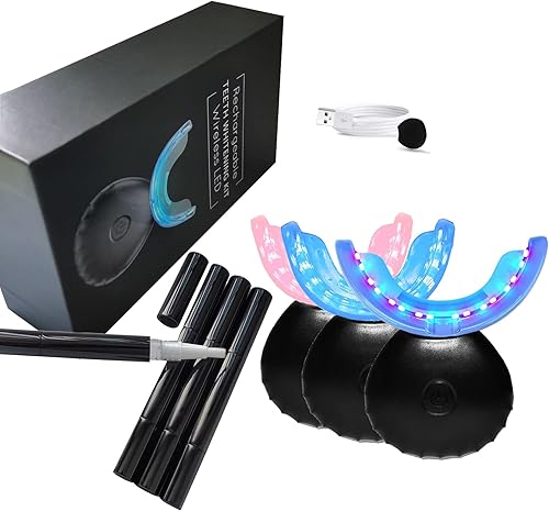 Kit de blanqueamiento dental, blanqueador dental con 4 bolígrafos blanqueadores dentales, la bandeja de 32 luces LED de luz roja y azul,