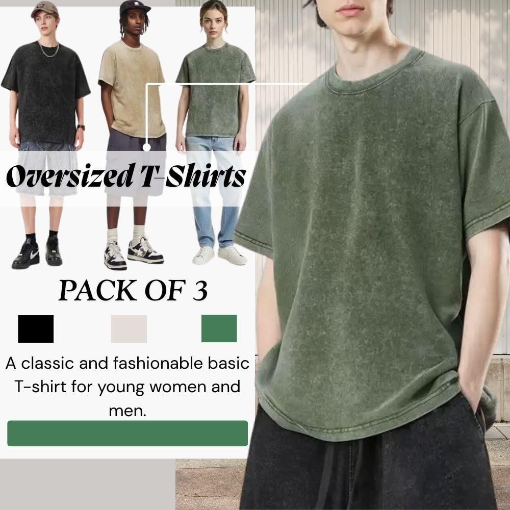 Herren Oversized T-Shirt 3er Pack Herren Basic Baumwolle T-Shirt Sommer Retro Washed Top Unisex Mode Hip Hop Vintage Casual Tee Shirts