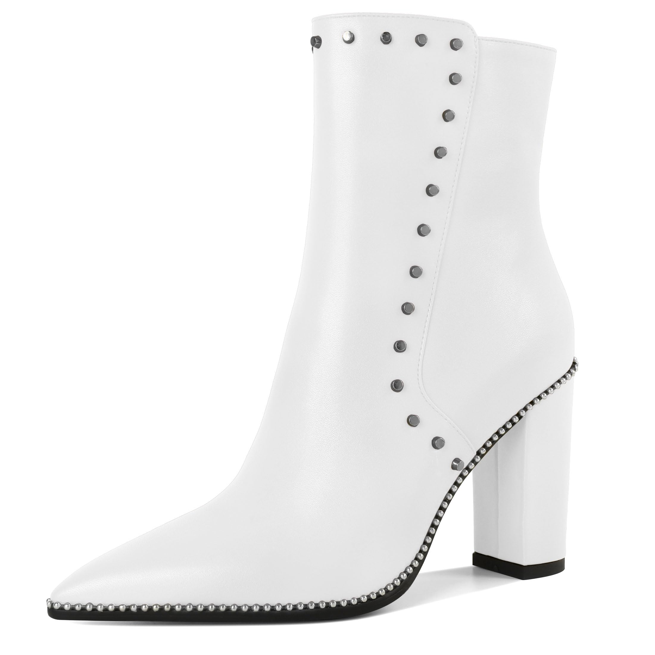 YODEKS Women's Ankle Booties 3.7 Inch Heel Chunky Boots Rivet Beaded Studded Pointed Toe Side Zipper Boots