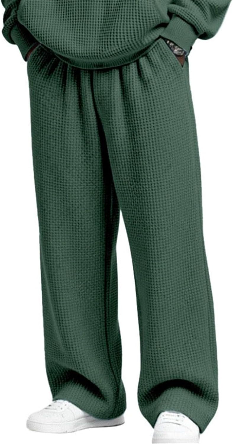 Waffle Pants Men Textured Drawstring Waist Solid Wide Leg Trousers Loose Fit Lightweight Breathable Hiking Sweatpants