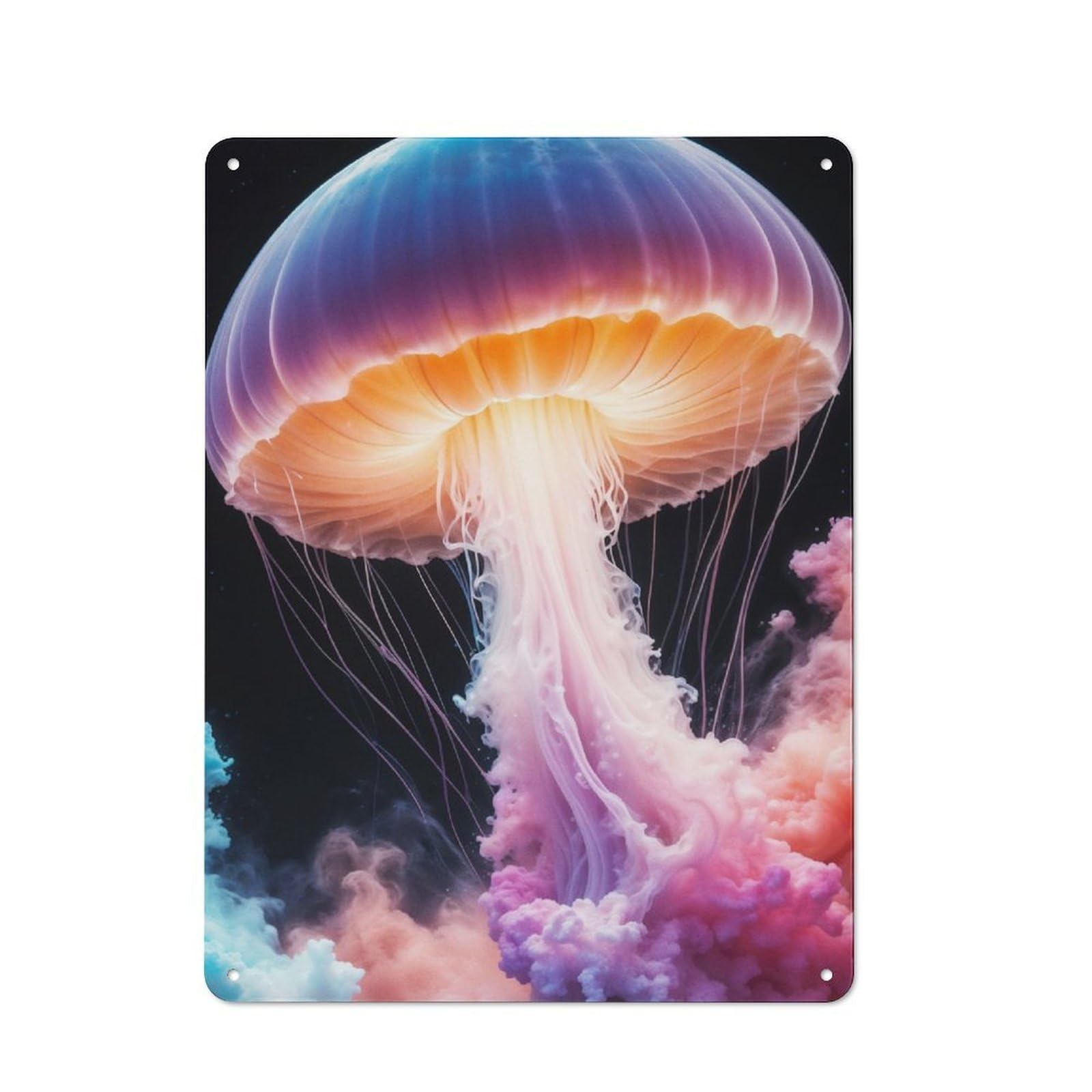 Vintage Metal Plaque 40x30cm Featuring Radiant Jellyfish in Ethereal Colors for Home Bar Wall, A Metal Wall Feature for Home Bars And Entertaining Spaces