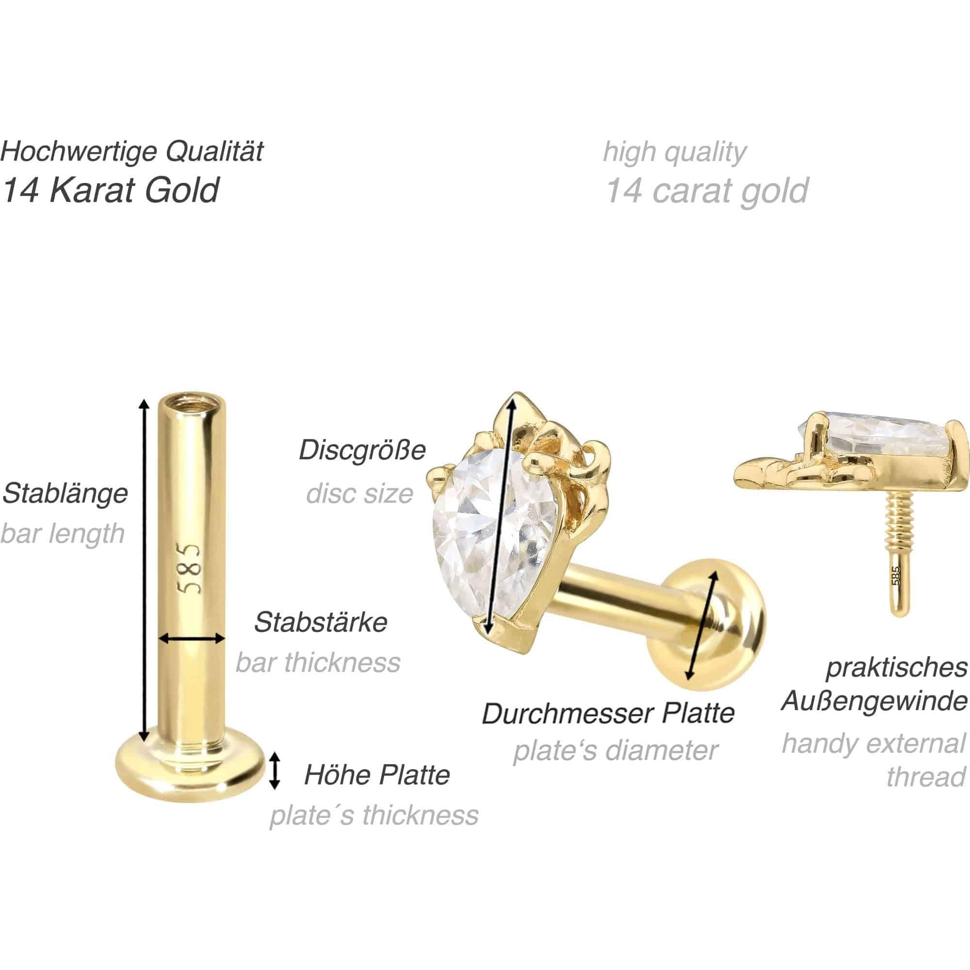PIERCINGLINE Piercing Stecker 14 Gold Labret mit Innengewinde MOISSANIT-TROPFEN 585er Gold - Roségoldfarben, Goldfarben, Silberfarben