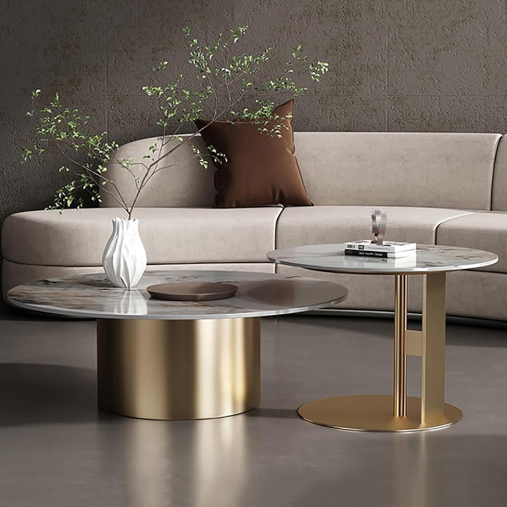 Juego de mesas de café de anidación Redondas 2, Parte Superior de Piedra sinterizado con Metal Fe, Mesa Auxiliar de Ahorro de Espacio para Sala de Estar Apartamento Hotel Oficina Moderna