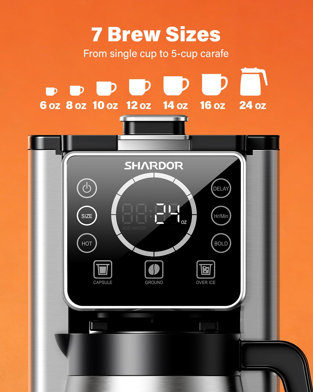 SHARDOR Programmable 5 Cup Drip Coffee Maker, Single Serve Hot & Iced Coffee Machine for K Cup & Grounds, 95oz Removable Reservoir, 6–24oz Brew Size, Strong Brew, Stainless Steel Thermal Carafe, Black — view 3