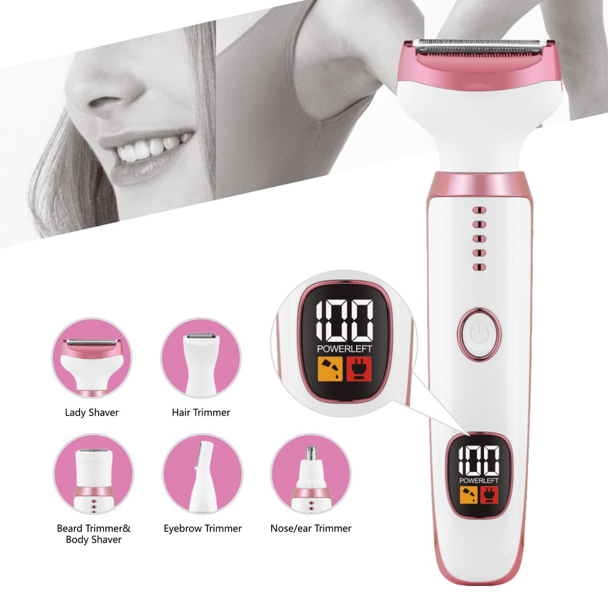 Elektrischer Rasierer für Frauen, Bikini-Trimmer für Frauen, 5-in-1-Körperrasierer für Nase, Haare, Gesicht, Augenbrauen, Arme, Beine, Achselhöhle, Achselhöhle, Schambereich, austauschbarer
