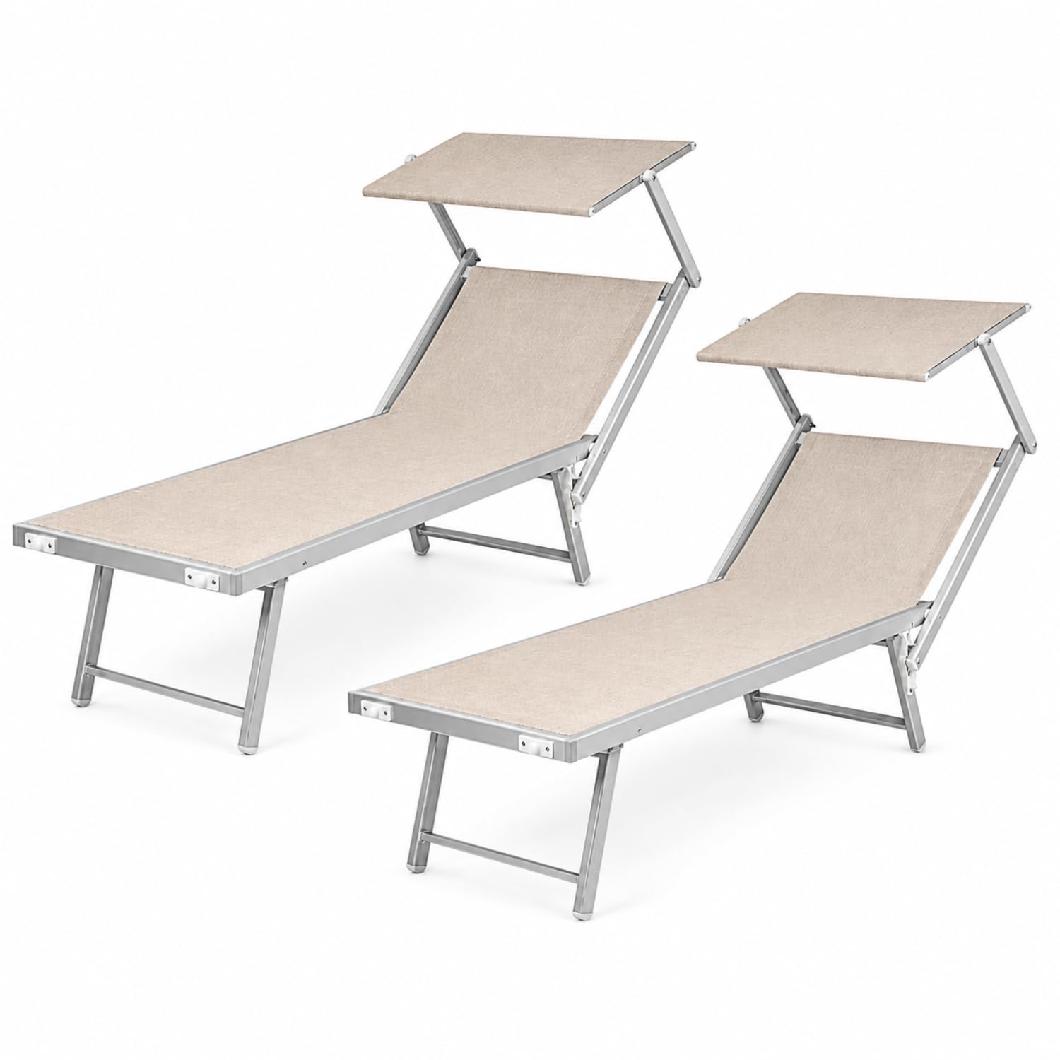 PALUPLUS 2 Lettini Prendisole Professionali in Alluminio, Misura 186x61x40 cm, Tessuto Textilene, con Tetto Parasole e Schienale Regolabile, per Spiaggia, Lido, Piscina, Portata 150Kg -8458F (Crema)