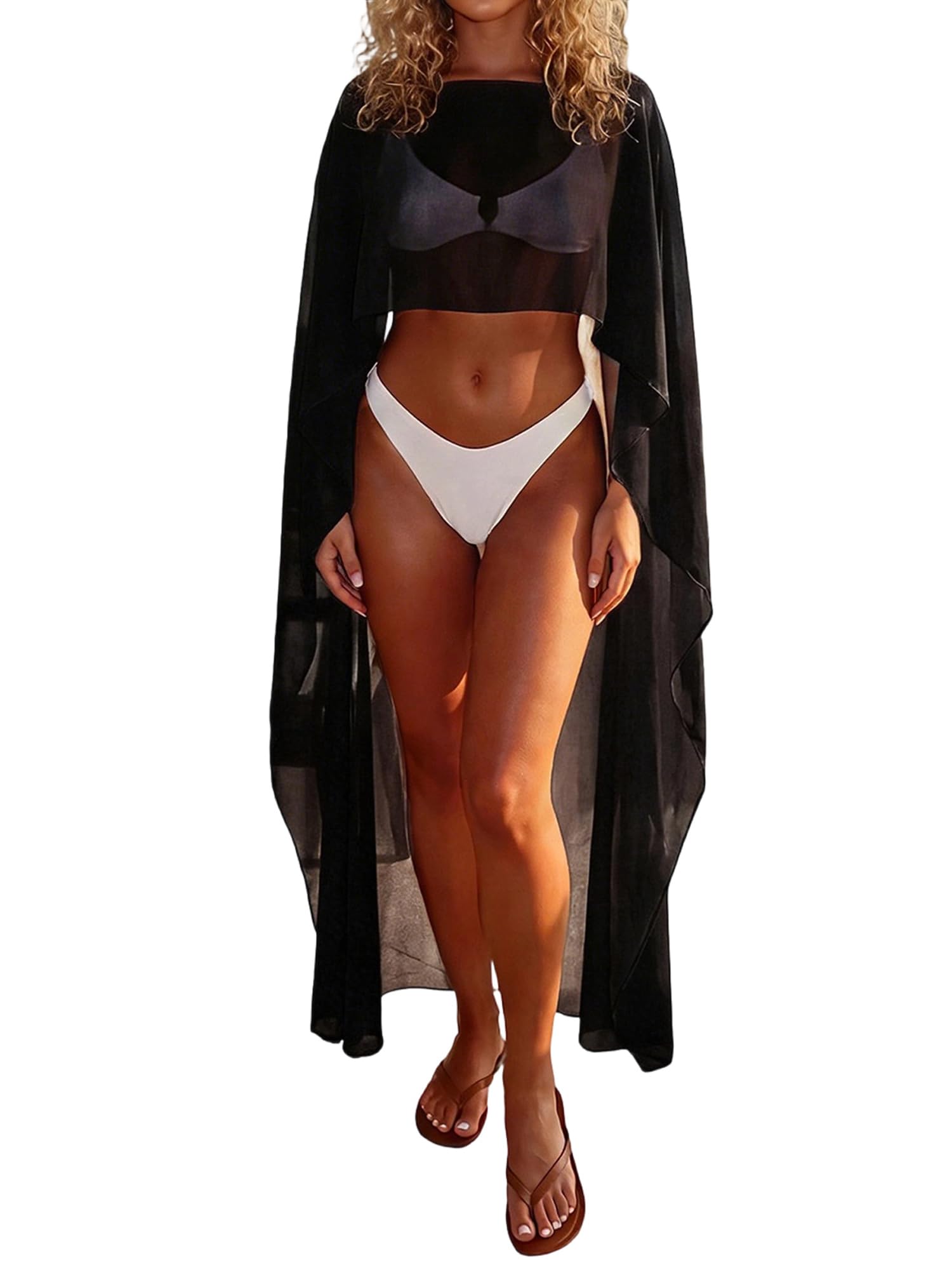 Sexy Outfit Scialle Poncho Lungo e Trasparente da Donna, Mantello Alto e Basso in Chiffon Fluido per Coprire la Spiaggia, Avvolgere la Festa Nuziale