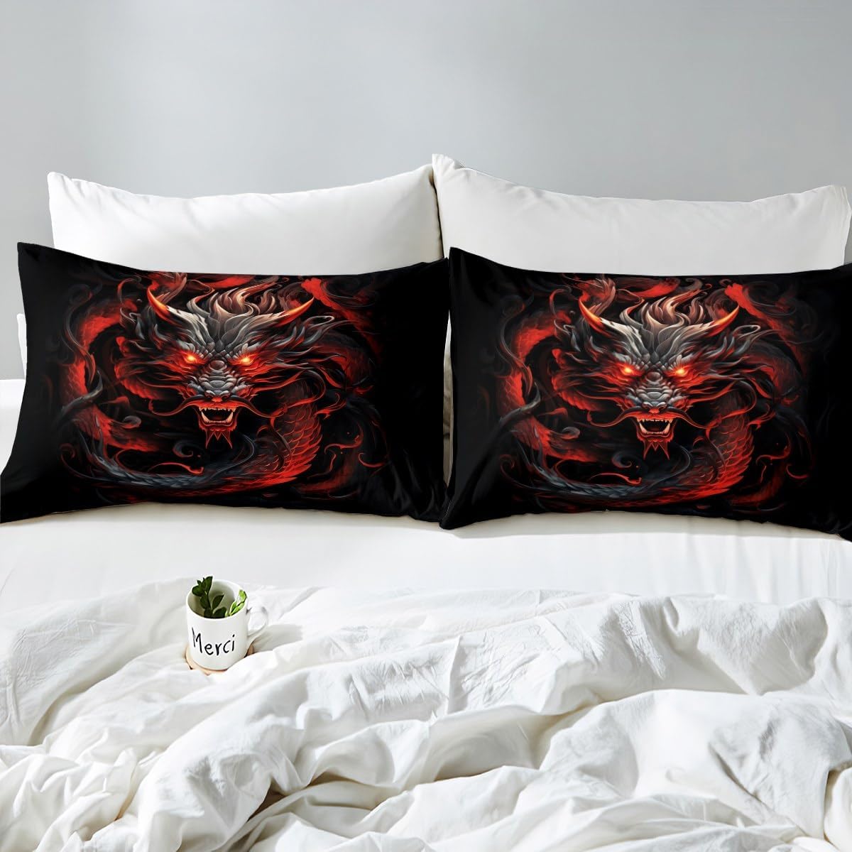 Red Black Dragon Fitted Sheet Queen Size,Glowing Flame Dragon Bedding Set 3Pcs for Kids Boys Men Adult Bedroom Decor,Wild Animals Bed Sheet Cool Magical Style Deep Pocket Sheet,2 Pillowcases