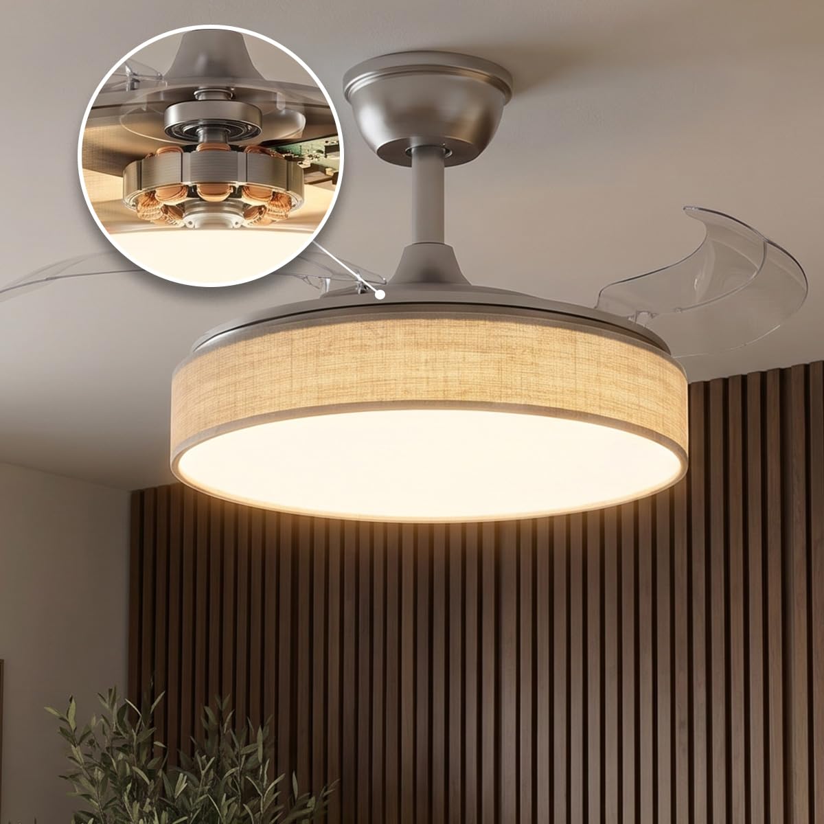 Cecotec Ventilatore da Soffitto con Luce con 3 Pale Retrattili EnergySilence Aero 4222 Invisible Textile. 30 W, Motore DC, Diametro 42", 3 Toni LED, Telecomando, 6 Velocità, Timer, Design In Tessuto