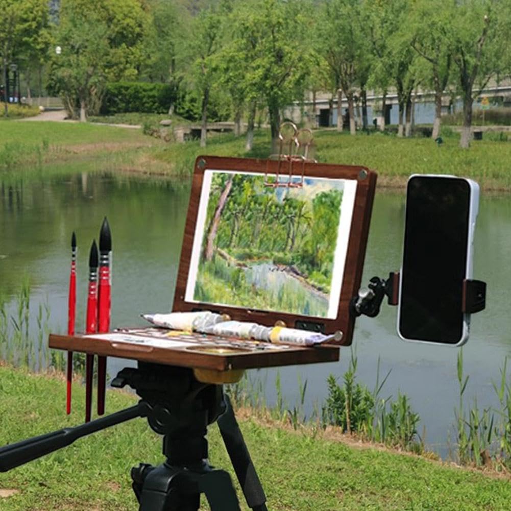 Paleta de acuarela portátil de madera de nogal negro de 27 rejillas, bandeja de pintura de viaje plegable con área de mezcla y recipiente de lavado de pinceles, rejilla desmontable para multipintura