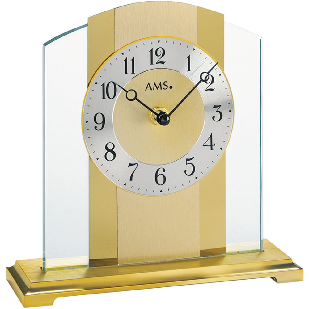 AMS 1119 - Reloj de mesa (cuarzo, base de metal cepillado, cristal mineral con base de latón)