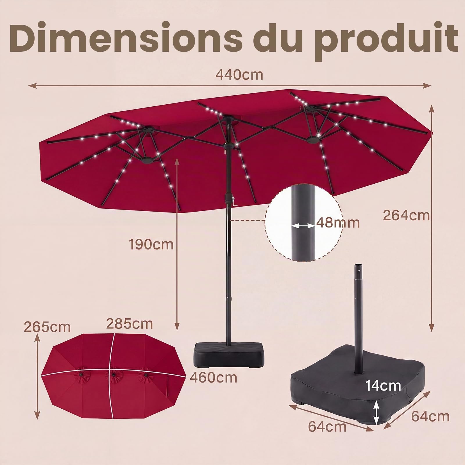 GOPLUS Parasol de Jardin Exterieur avec Pied, 4,6x2,8M Grand Parasol Double avec 48 LED Solaires, Manivelle, 12 Baleines, Protection Solaire, pour Terrasse Marché Patio
