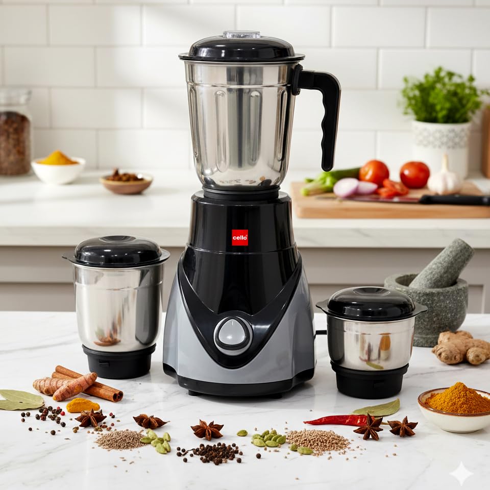 Image of CELLO Rivo Mix 3 Jar ISI Certified Mixer Grinder 500 Watts, Black Grey | 1 x 1200ml, 1 x 800ml, 1 x 400ml Stainless Steel Jars with Lid, Super Efficient SS Blades | 2 Years Manufacturing Warranty