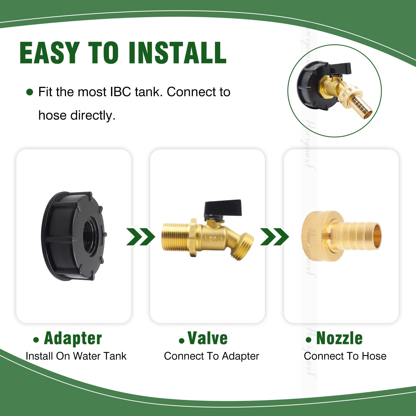 Kit de válvula dentro de adaptador de tanque IBC de rosca gruesa de 2-2/5 pulgadas, sin plomo 5/8 pulgadas O.D. espiga de púas de latón, para manguera de jardín