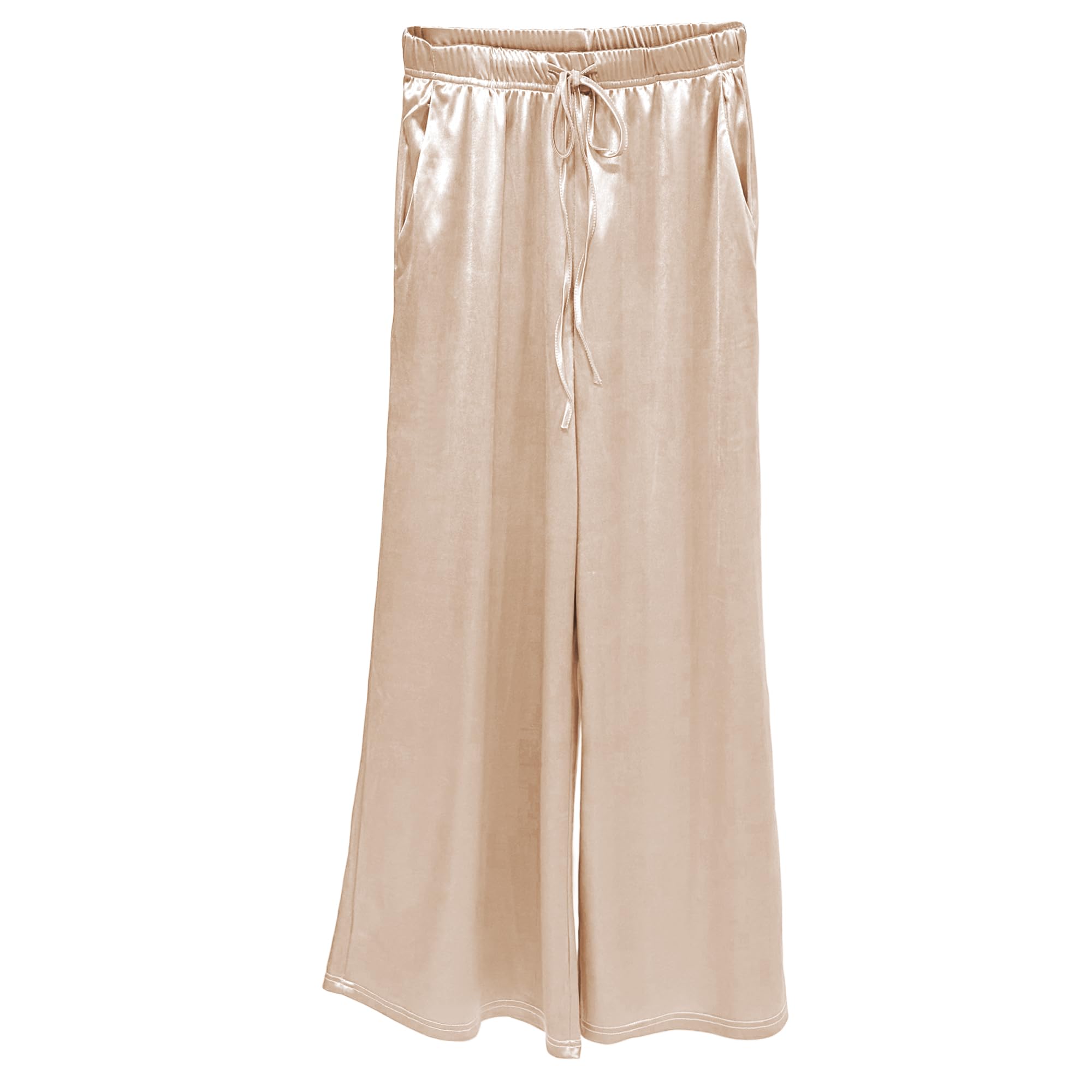 Womens Silk Wide Leg Pants Loose Comfortable Straight Leg Casual Trousers High Waist Elastic Waistband Long Pants