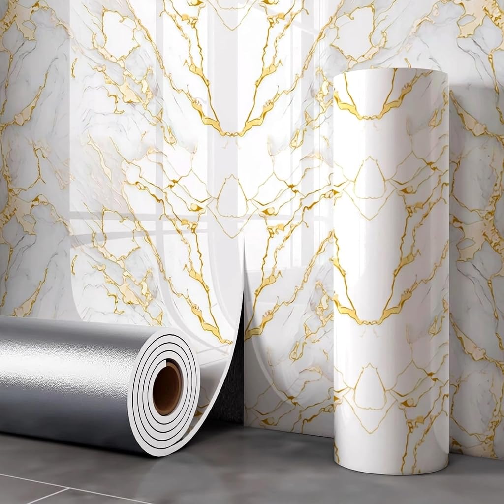 KnnMoiti Gold Marble Peel and Stick Wallpaper, 40cm x 300cm Self-Adhesive Removable Wall Stickers, Glossy Faux Tile Contact Paper for Kitchen Backsplash Bathroom Bedroom Accent Wall Decor