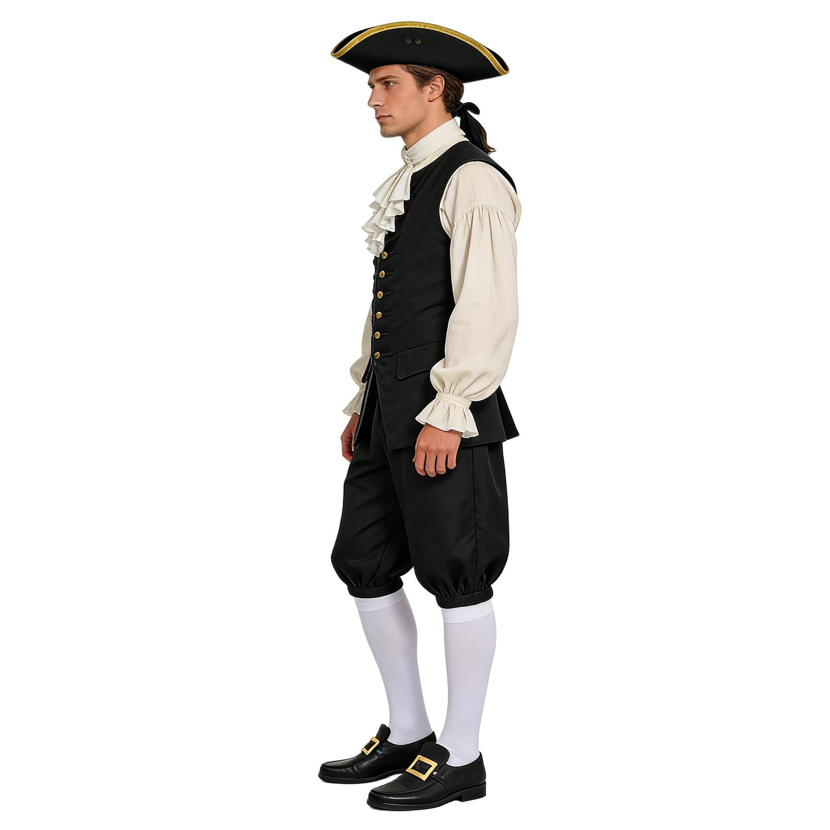 BPURB Pantaloni coloniali da uomo con calzini bianchi al ginocchio e fibbia per scarpe d'oro Costume medievale da pirata Cosplay Pantaloni rinascimentali