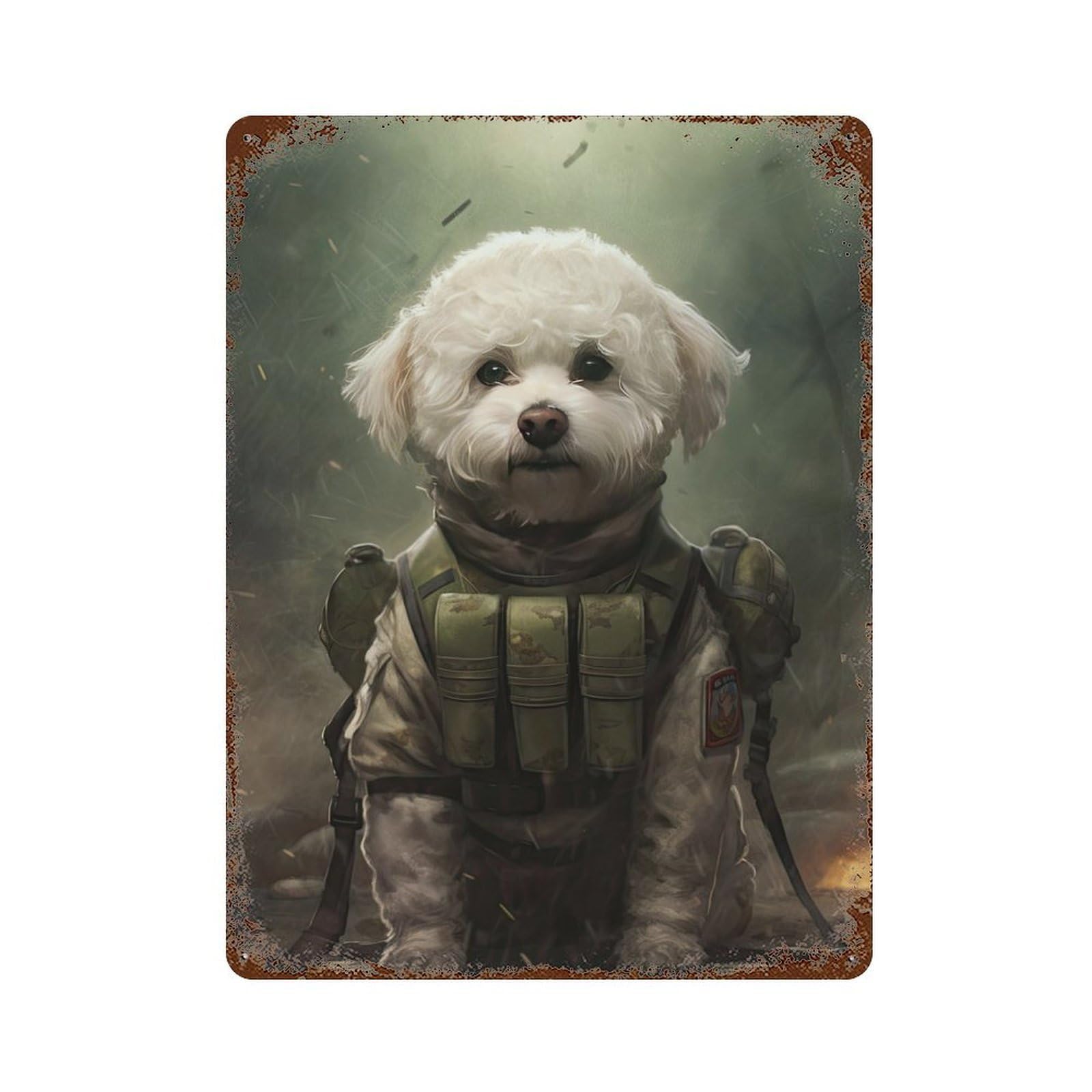 Bichon Frise Soldier Aged Metal Wall Plaque 15.7"x11.8", Industrial Home Decor for Pub, Kitchen And Man Cave Decor