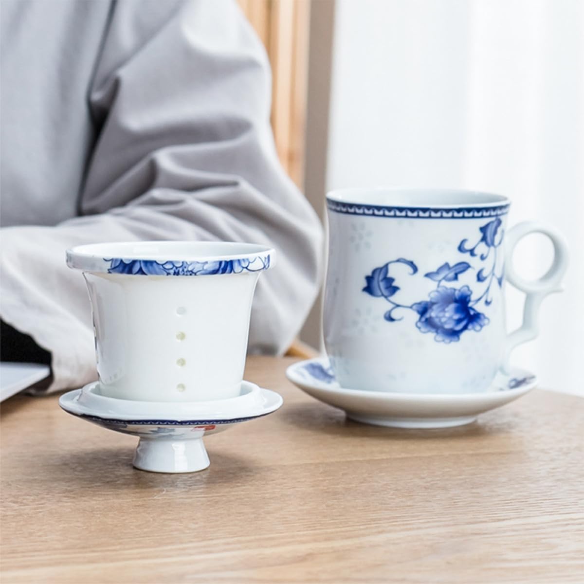 Abaodam Juego de Taza de Té Tradicional China de Cerámica Tapa y Filtro, Set de 4 Piezas Adecuado para Hotel y Restaurante