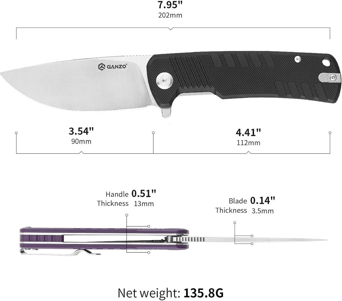Firebird Ganzo G769-BK EDC Folding Pocket Knife Razor Sharp D2 Stainless Steel Blade G10 Handle with Clip Outdoor Hunting Fishing Hiking Folder Best Gift for Men (Black)