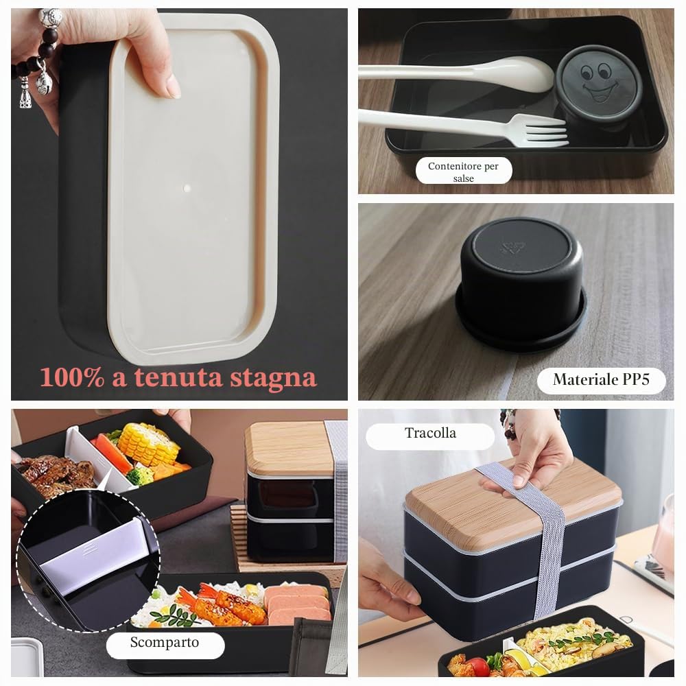 Porta Pranzo Set, 1400 ml Lunch Box con Borsa Termica e Posate, Schiscetta Portapranzo Ermetico per Microonde e Lavastoviglie, Bento Box per Lavoro Picnic Ufficio (Nero)