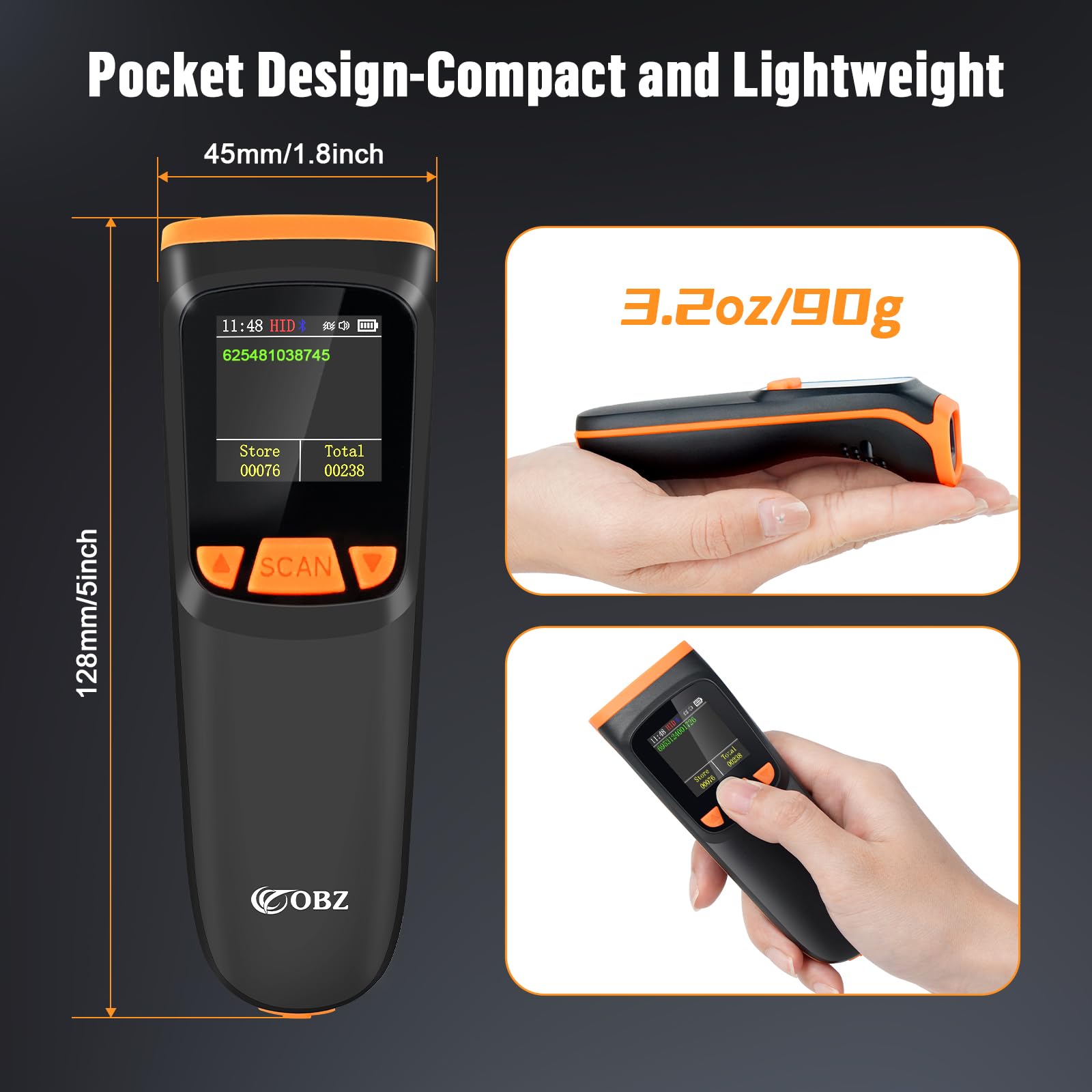 Lettore Codice a Barre Wireless QR 2D 1D con Schermo, OBZ Lettore Barcode Bluetooth cavo USB Scanner di Codice a barre Senza Fili Lettore QR Code per PC iOS Windows Android Tablet Inventario