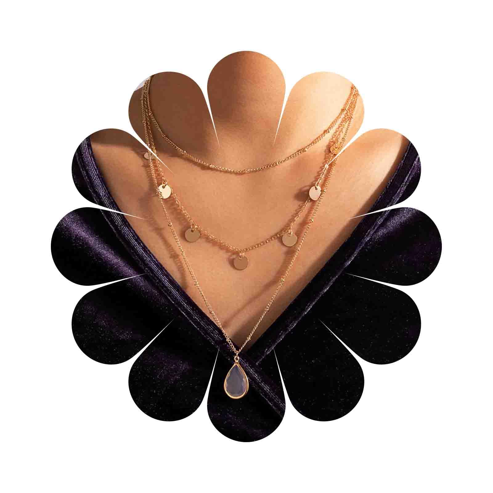Dervivea Bohemia - Gargantilla con capas de monedas, collar con colgante de gota de agua y piedra lunar, collar de lágrima de circonita cúbica de oro vintage, collar de disco colgante, joyería de