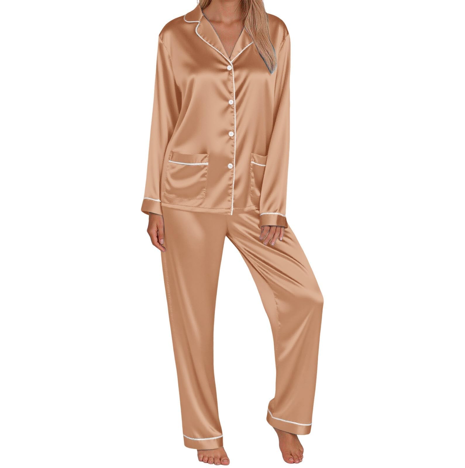 Generisch Passender Familienpyjama seidenartigem Satin mit langärmliger Nachtwäsche für zweiteiliges Loungewear-Urlaubsoutfit in Reiner Farbe