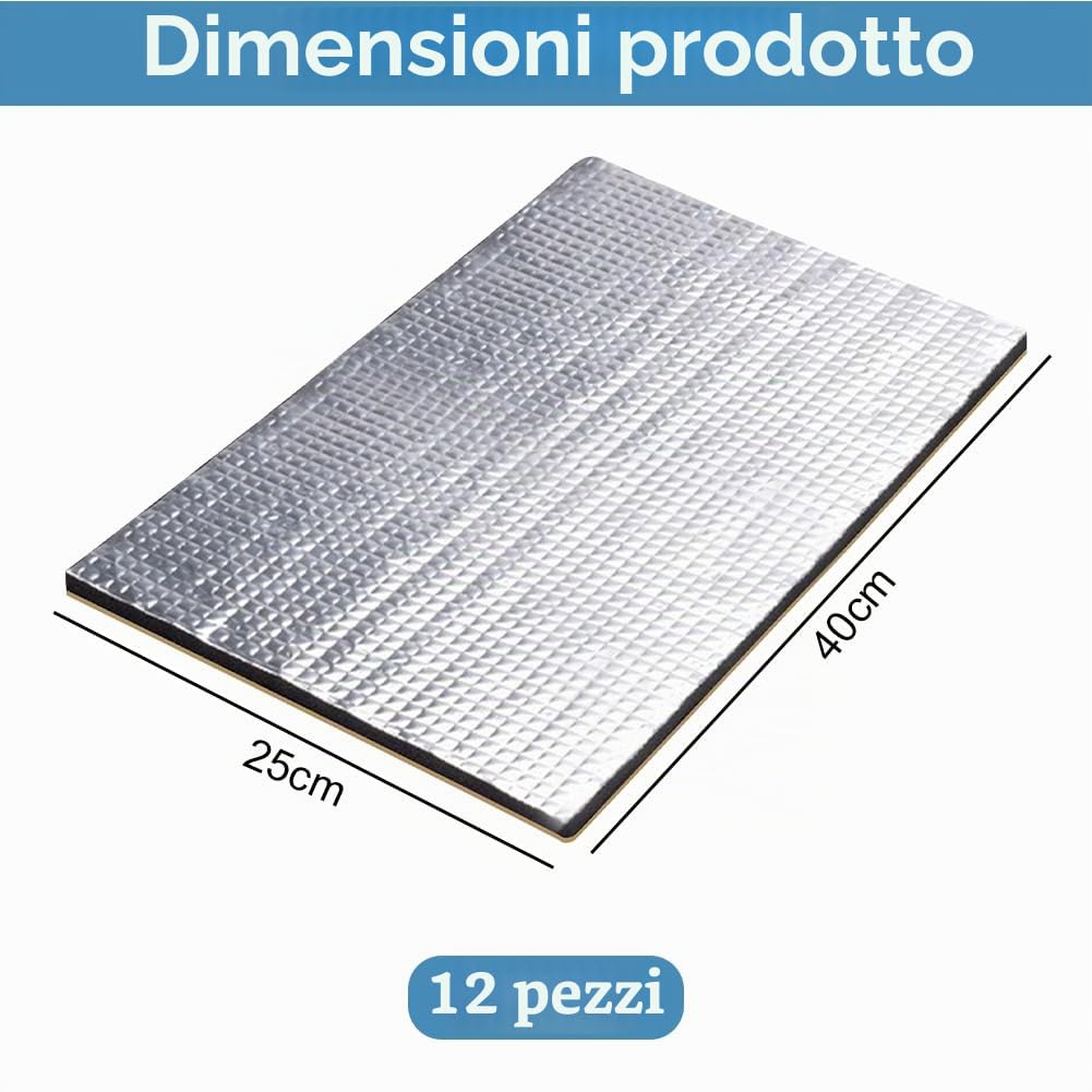 Tappetini Isolanti per Auto, 12 pezzi, Tappetino fonoassorbente per Auto, Isolamento Acustico, Isolante, Ignifugo, Impermeabile, 40 cm x 25 cm x 5 mm