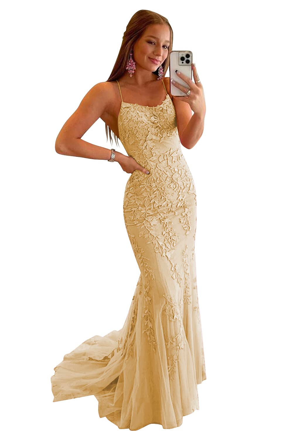 Clothfun Women's Long Lace Prom Dresses Mermaid Spaghetti Straps Backless Formal Evening Gowns