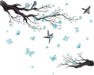 BWCXXZH Watercolor Blue Flower Wall Stickers,Removable DIY Romantic Blossom Bird Tree Branch Wall Murals 3D Wall Art Stickers Home Decor for Gilrs Bedroom Nursery Rooms Living Room