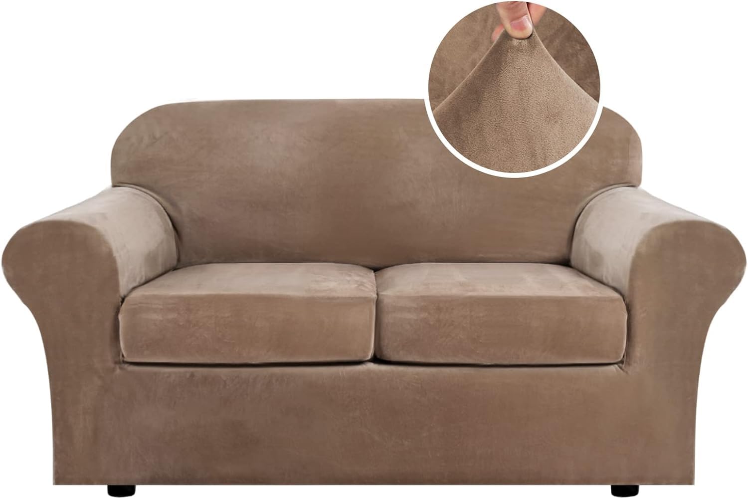 LINGKY Velvet Sofa Cover 2 Seater With 2 Separate Sofa Seat Cushion Covers, Stretch Couch Cover Non-Slip Sofa Slipcovers for Living Room Furniture Protector (Camel,2 Seater)