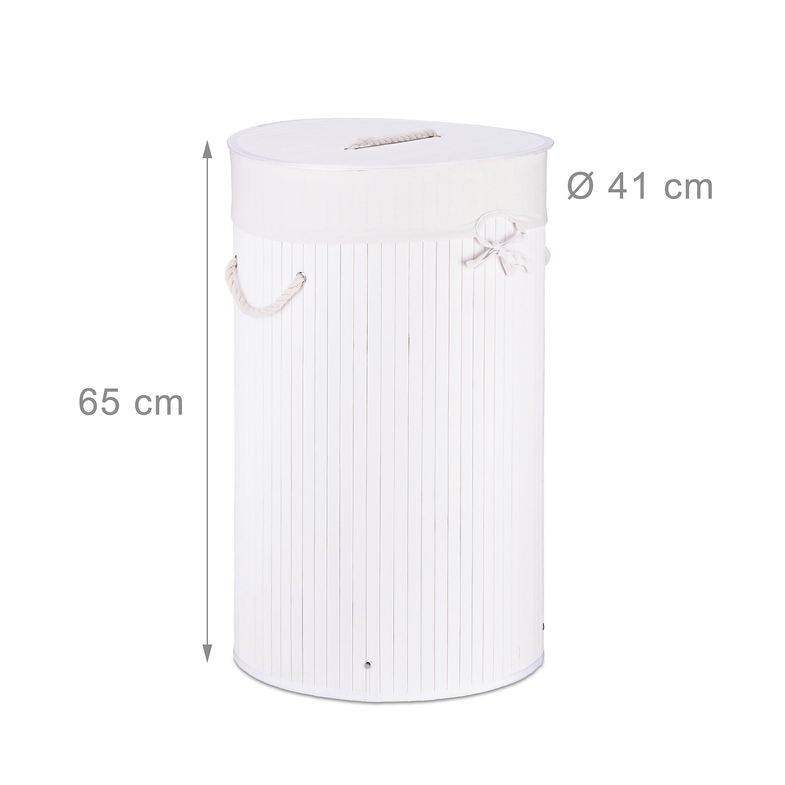 Relaxdays Wäschekorb Bambus, faltbare Wäschetonne mit Deckel, Volumen 70 l, Wäschesack Baumwolle, rund Ø 41 cm, weiß
