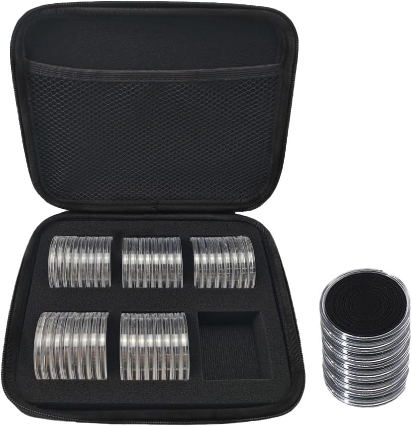 Coin Collection Holder 16/20/25/27/30/35/40/46mm Coin Case Storage Box, 48 Pieces 46mm Plastic Coin Capsules with Black Gaskets and a Organizer Bag, Coin Holder for Collectors Coin Protector