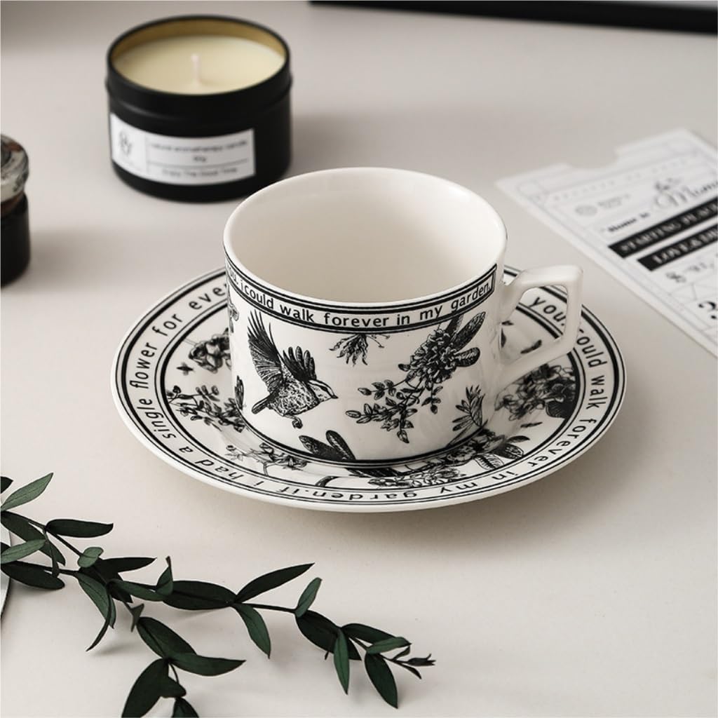 Zestawy kubków i talerzyków Kreatywna filiżanka do kawy i spodek, zestaw ceramicznych kubków o wysokiej wartości, prezent(Black)