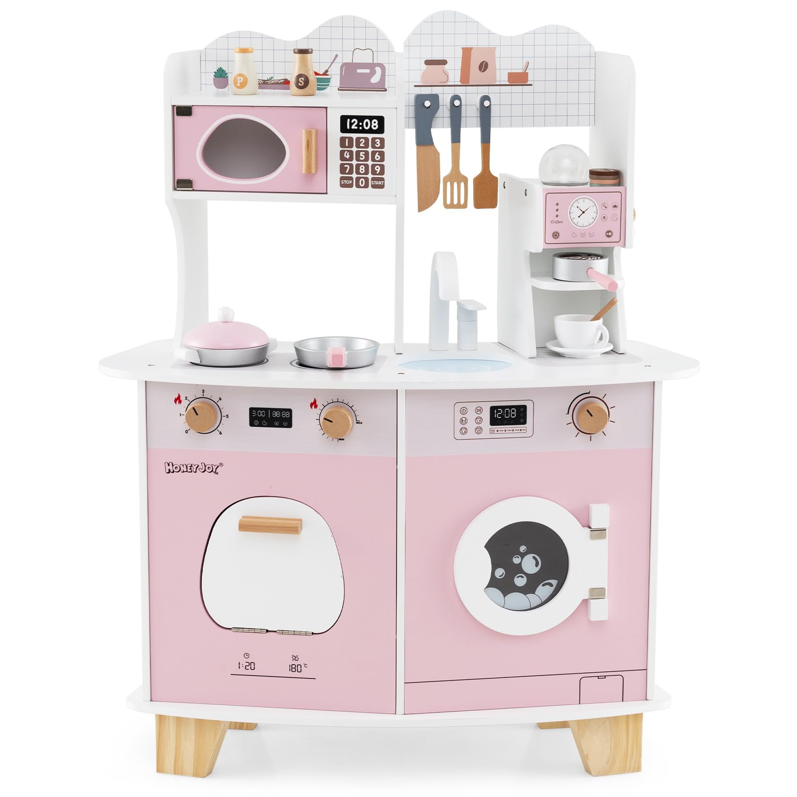COSTWAY Cucina Giocattolo con Macchina da Caffè, Forno e Lavatrice, Cucina per Bambini in Legno con Microonde e Lavandino, Set Cucina con 13 Accessori, 70 x 30 x 88 cm, per Bambini 3+ Anni