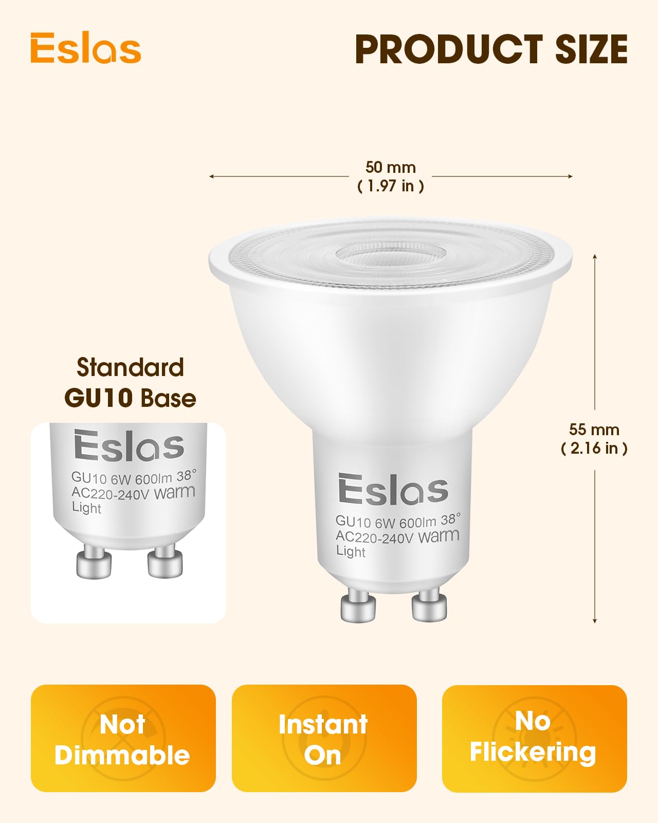 Eslas Gu10 LED Bulbs Warm White 3000K 6W 600Lm, 60 Watts Equivalent Energy Saving Bulbs - Image 4