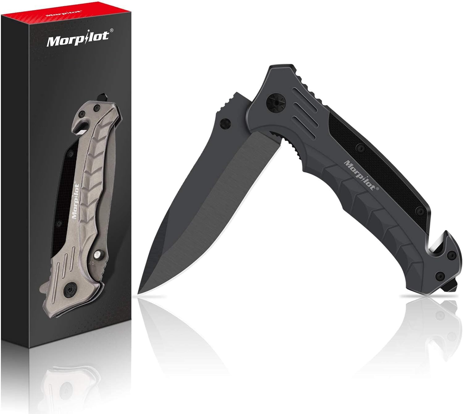 morpilot Navaja Plegable Cuchillo de Acero Inoxidable con Punta Rompevidrio y Cutter Cinturón Cuchillo Plegable con Mango Acero Inoxidable para Acampar, Picnic, Caza