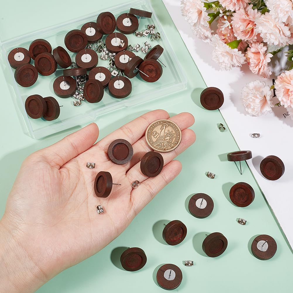 SUNNYCLUE 40Pcs Wood Earring Posts 12mm Wood Stud Earring Blanks Cabochon Settings Stainless Steel Pins Brown Round Wooden Studs Earring Bezel Blank Findings for jewellery Making Supplies DIY Crafts - Image 3