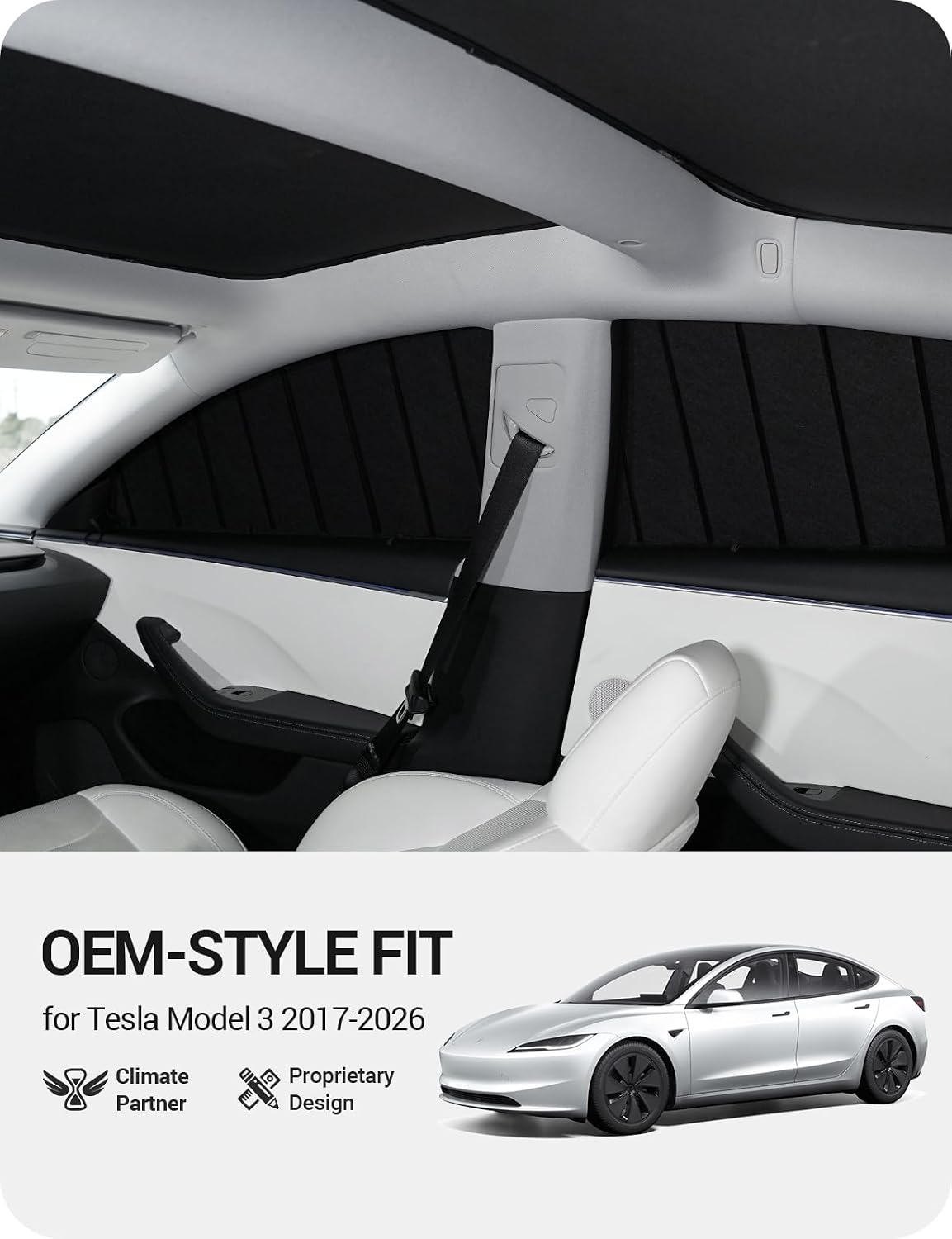 BASENOR [Upgraded Gen2] Tesla Model 3 Side Window Sunshade 2026-2017, 6PCS Full Set Wrinkle-Free Window Covers for Kids, Camping & Privacy Rest, Rear Windshield Reflective UV Protection