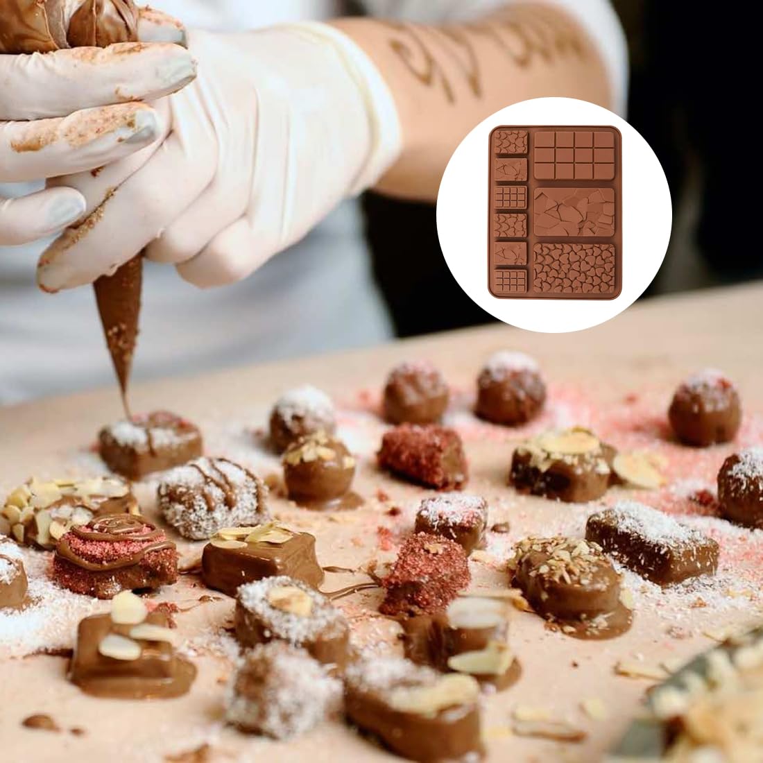 Stampo per Cioccolato in Silicone per 6 Tavolette,Senza BPA, Antiaderente, Resistente al Calore,Ideale per Dolci, Cioccolatini, Cera Profumata,Marrone (2 pcs