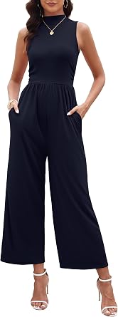 FKEEP Womens Ribbed Knit Sleeveless Ruched Jumpsuits Casual Wide Leg Pants Rompers with Pockets