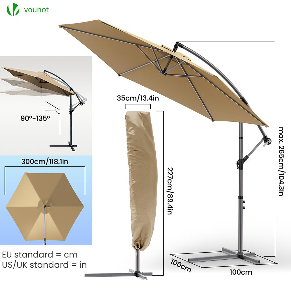 VOUNOT® 300 cm Parasol Excentrico, Sombrilla de Jardín con Manivela y Funda Protectora, Protección UV, Caqui