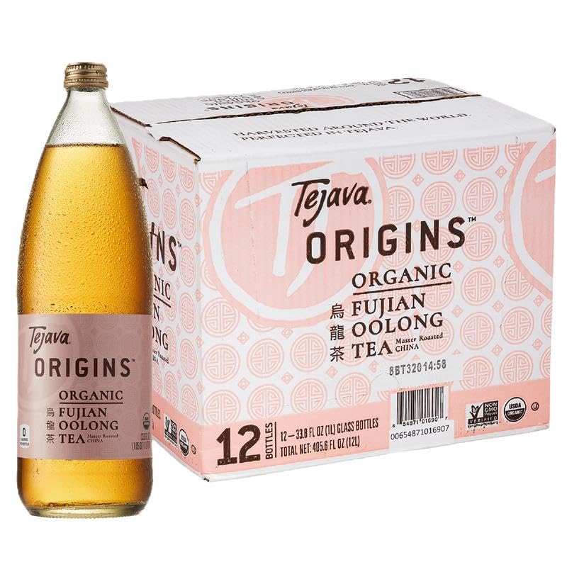 Tejava Origins Fujian Oolong Iced Tea, 12 Pack, 1 Liter Glass Bottles, Unsweetened, USDA Organic, Non-GMO, Kosher, No Sugar or Sweeteners, Brewed in Small Batches