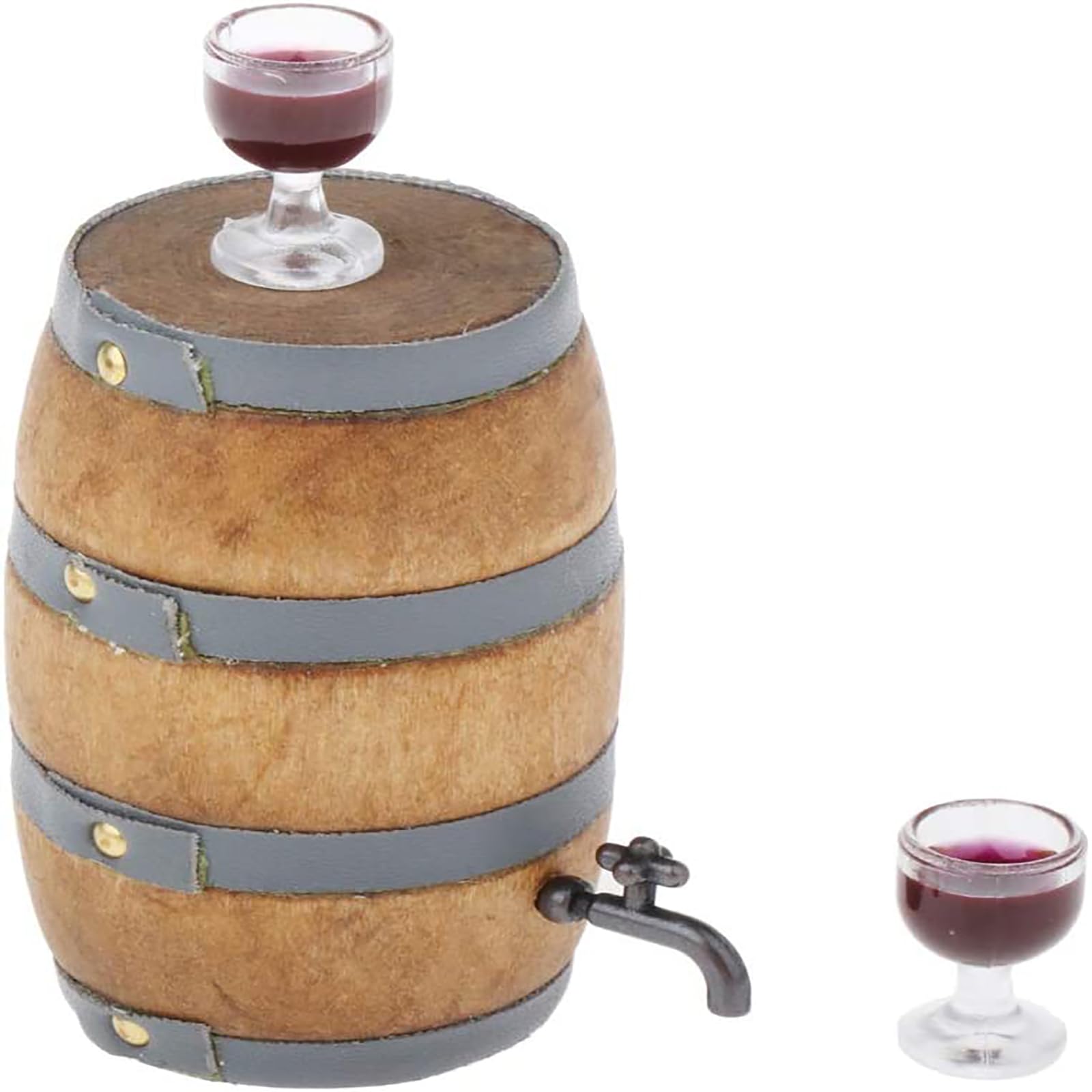THE WHITE SHOPMini House Drink Accessories Miniature Wooden Beer Barrel Figurine Wine Barrel Model with Faucet and Wine Glass for Fairy Garden Pub Bar Decoration