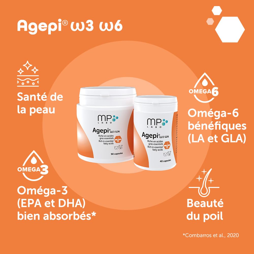 MP Labo Agepi® Omega 3 Omega 6 - 90 Capsules pour Chien et Chat - Riche en Acides Gras Essentiels et Vitamines A et E