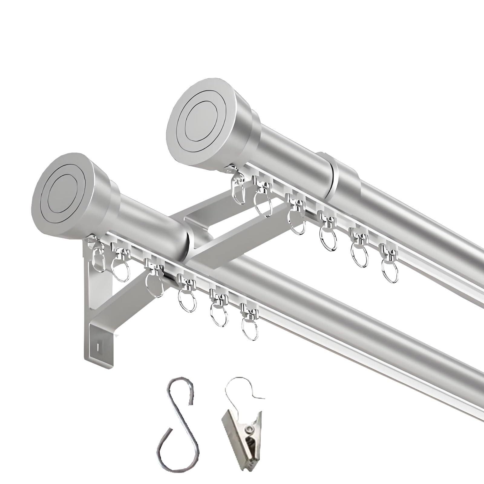 Stummen Vorhangschiene Wandmontage Gardinenschiene Aluminium Gardinenstange 2 Läufig 100-500cm mit Clips und Haken Weiß Schwarz Grau für Wohnzimmer Schlafzimmer(Grau,300cm/9.8ft)
