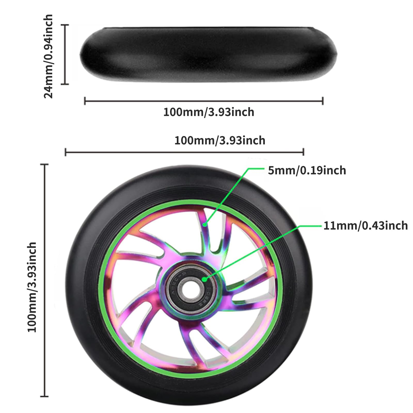 Roue Trottinette Freestyle 100mm, Roue de Trottinette Freestyle Pro Stunt,Roues de Rechange en Alliage d'Aluminium,pour Razor,Cox Swain Trotinette Freestyle