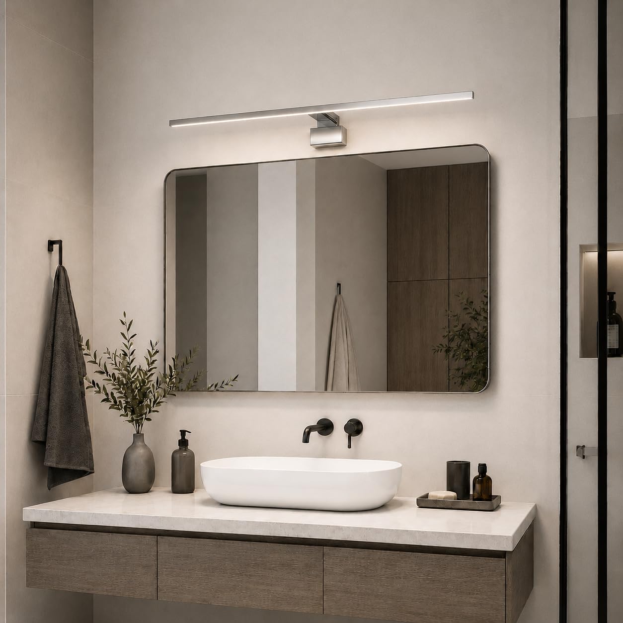 kalb LED Badleuchte Running Light 80 cm IP44 Spiegelleuchte mit Lichtlauf Effekt, 230V Badezimmerlampe für Wand oder Spiegelschrank, Schwarz/Chrom, 3000K/4000K (Chrom, Neutralweiß)